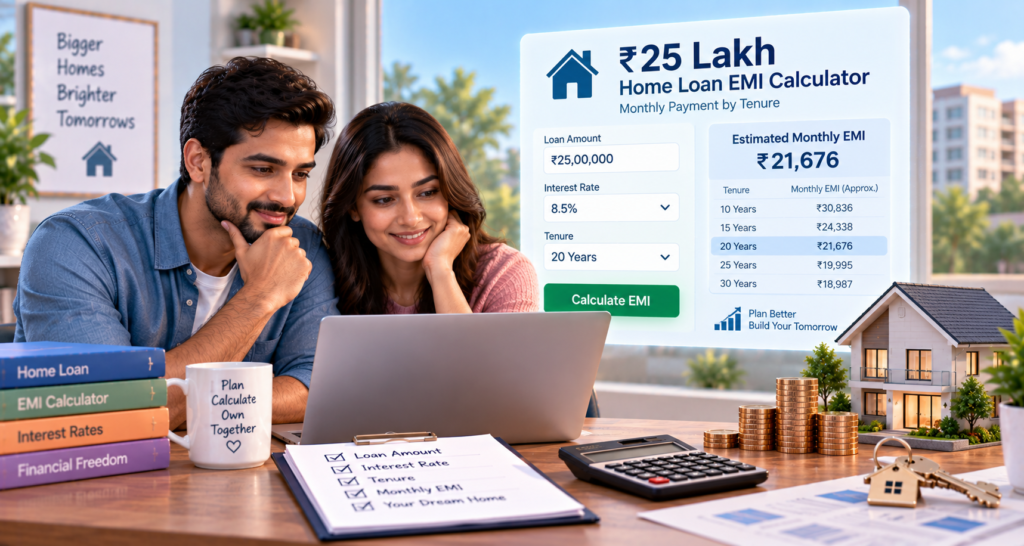 ₹25 lakh home loan EMI calculator showing monthly payments for different loan tenures and interest rates.