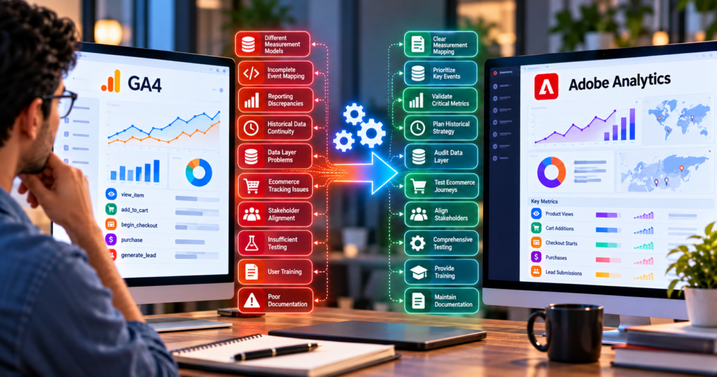 GA4 to Adobe Analytics migration showing common challenges including event mapping, reporting discrepancies, data layer issues, ecommerce tracking, testing, and stakeholder alignment.
