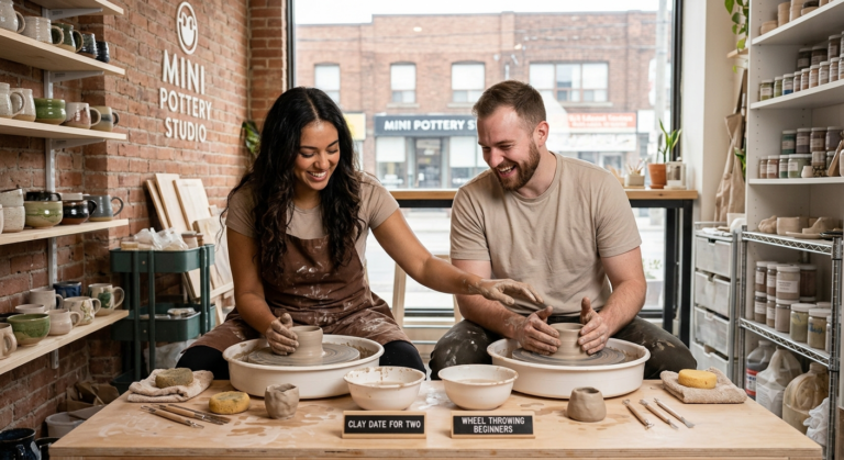 Couple laughing together while shaping clay on mini pottery wheels during a Clay Date for Two in Toronto.
