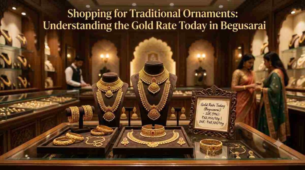 Traditional gold ornaments displayed in a jewelry store in Begusarai