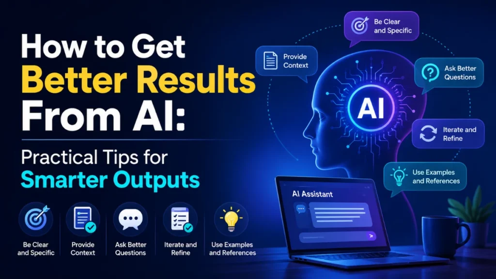 Graphic showing practical tips for getting smarter outputs from AI next to a laptop display