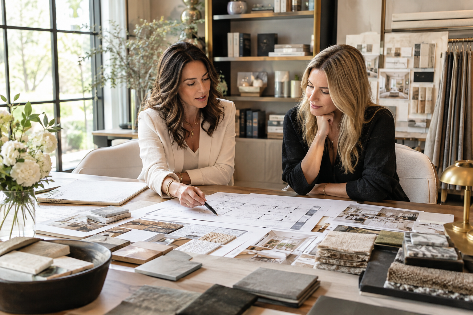 Interior designer reviewing luxury home plans and material samples with a homeowner