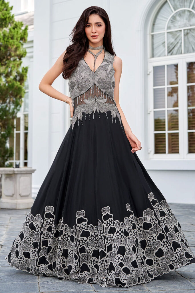 Black Chinon Silk Hand Embroidered Anarkali Dress With Dupatta