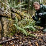 Can Pest Control Spray in Rain? Pest control professional inspecting ants along a damp stone retaining wall after rainfall.