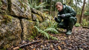 Can Pest Control Spray in Rain? Pest control professional inspecting ants along a damp stone retaining wall after rainfall.