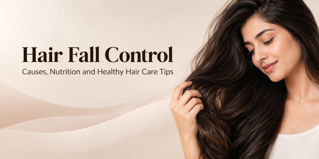 Woman with long, healthy hair illustrating hair fall control and hair care tips.