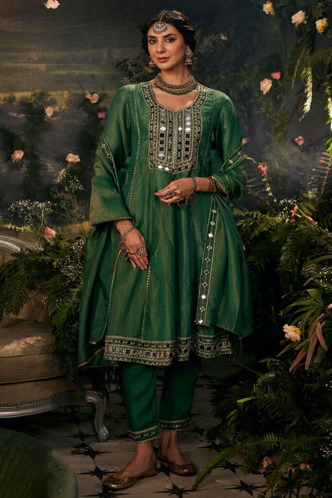 Emerald Green Silk Embroidered Short Anarkali With Pants & Dupatta