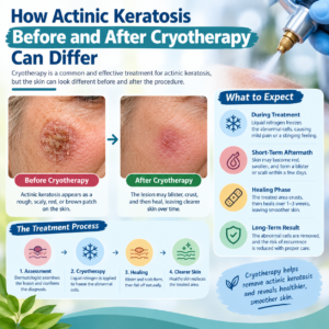 Actinic Keratosis Before and After cryotherapy showing skin changes, healing stages, and recovery after treatment.