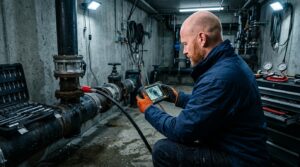 Hydro jetting Chula Vista plumbing technician inspecting drain cleaning equipment and an industrial drainage pipe.