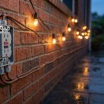 Weather-resistant GFCI outlet with a closed in-use cover on a wet brick patio wall at dusk, a reminder when installing ground fault circuit interrupter outlets outdoors
