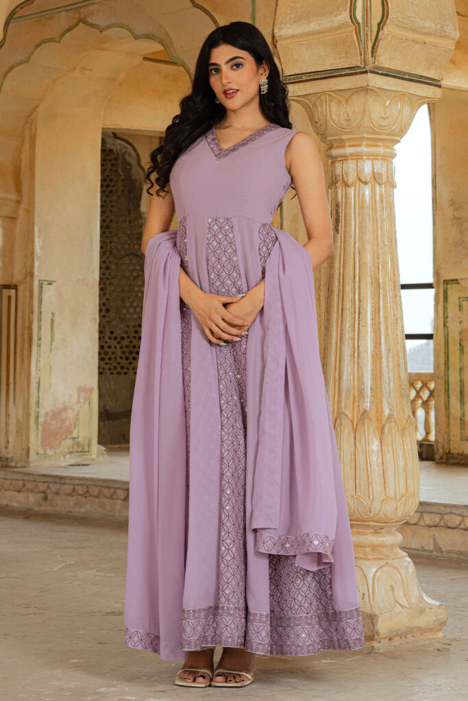 Lavender Georgette Embroidered Anarkali Dress With Dupatta