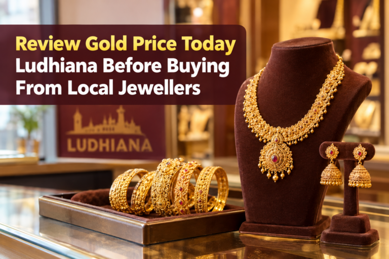 Gold jewellery displayed at a Ludhiana jeweller for buyers comparing gold prices.
