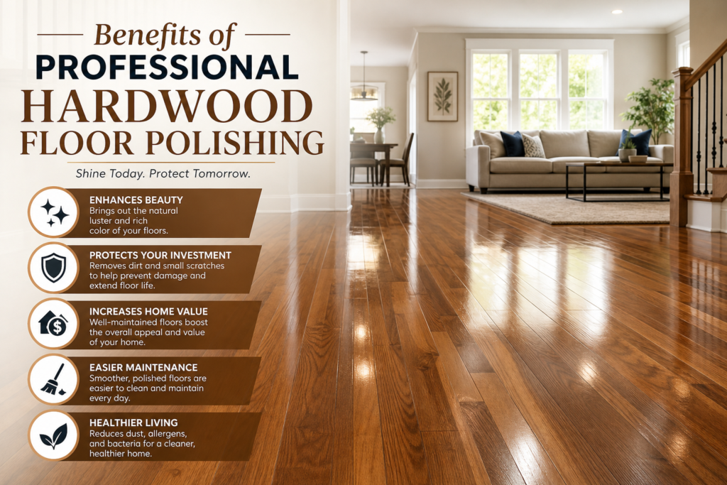 Benefits of professional hardwood floor polishing, including enhanced shine, durability, and floor protection.