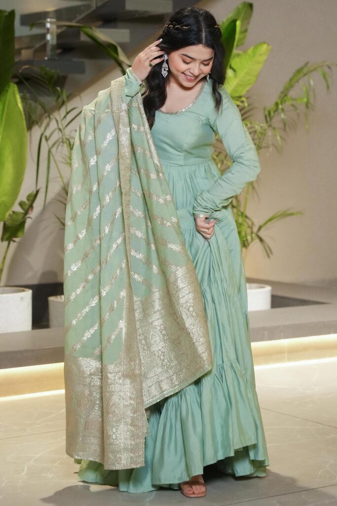 Pastel Green Chanderi Silk Anarkali Dress With Banarasi Dupatta