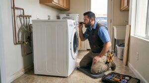 Plumber inspecting water supply connections while investigating a possible hidden leak in a Lake Elsinore home.