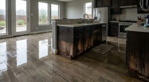 Stormwater entering a Houston home and damaging the kitchen floor and lower cabinets.