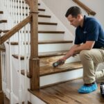 Water Damage Restoration McKinney TX – Specialist Inspecting Moisture Damage on a Wooden Staircase