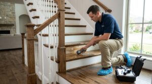 Water Damage Restoration McKinney TX – Specialist Inspecting Moisture Damage on a Wooden Staircase
