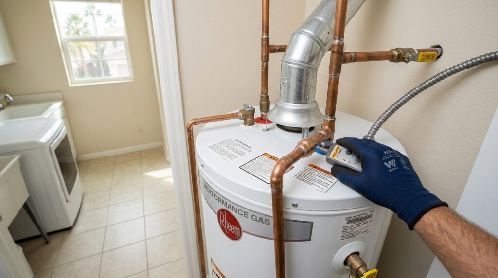 Plumber inspecting water heater connections during a water heater repair Lake Elsinore.